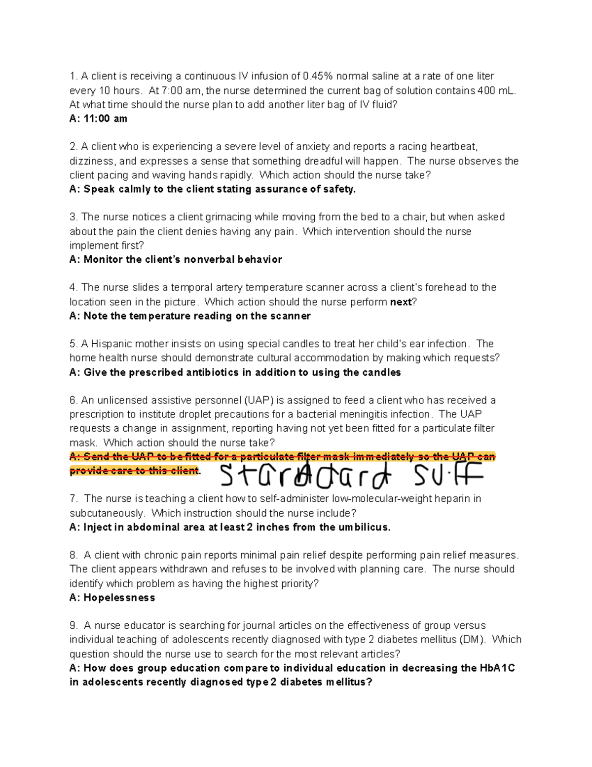 NUR 101 - Fundamentals Practice Questions for Clinical Scenarios - Studocu
