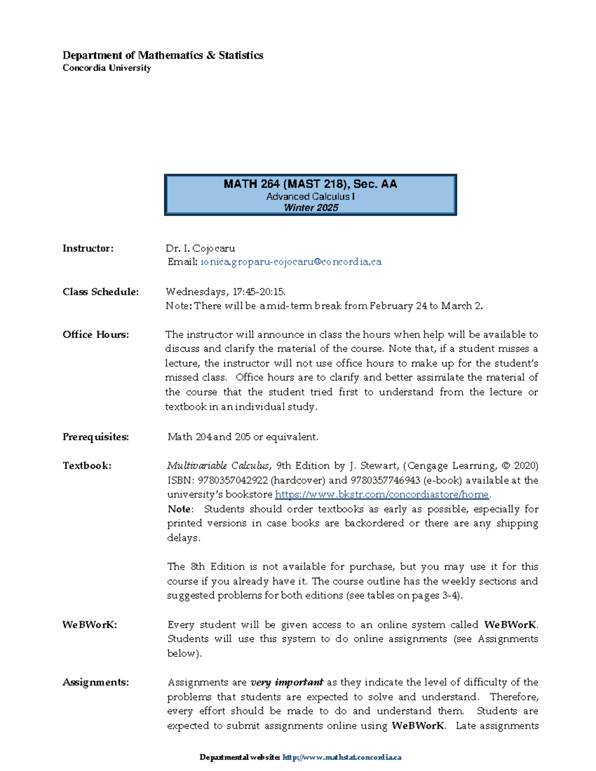 MATH 264 (MAST 218) Winter 2025 Course Outline and Important Info - Studocu
