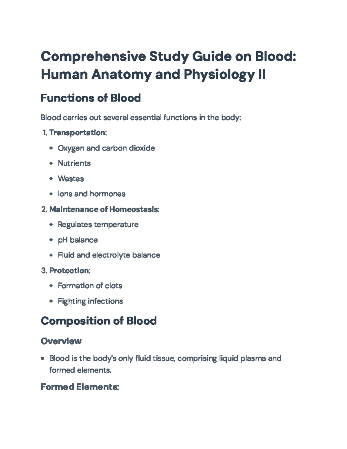 Comprehensive Study Guide on Blood: Functions, Composition, and ...