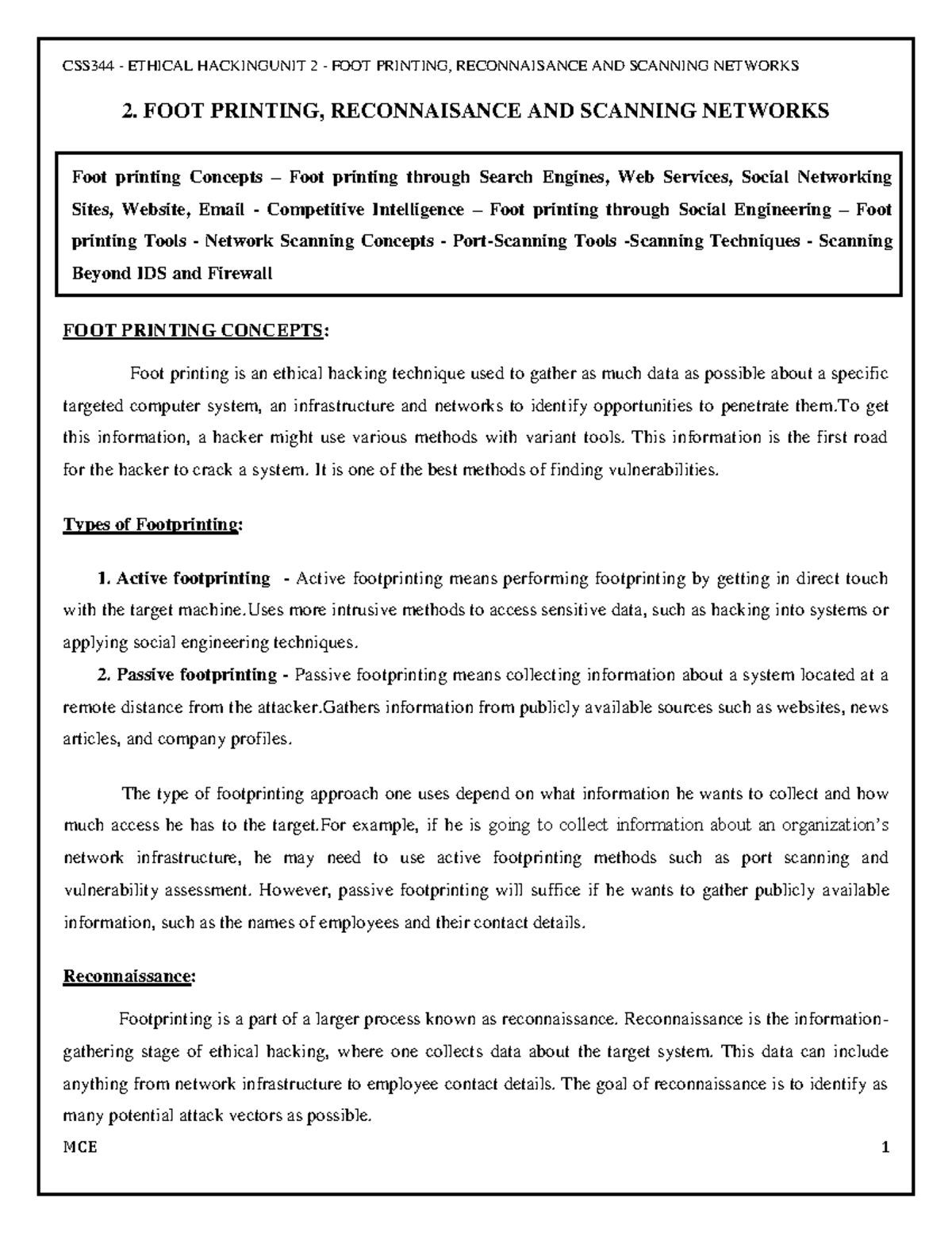 EH CCS344 - Lecture Notes on Footprinting & Reconnaissance Techniques ...