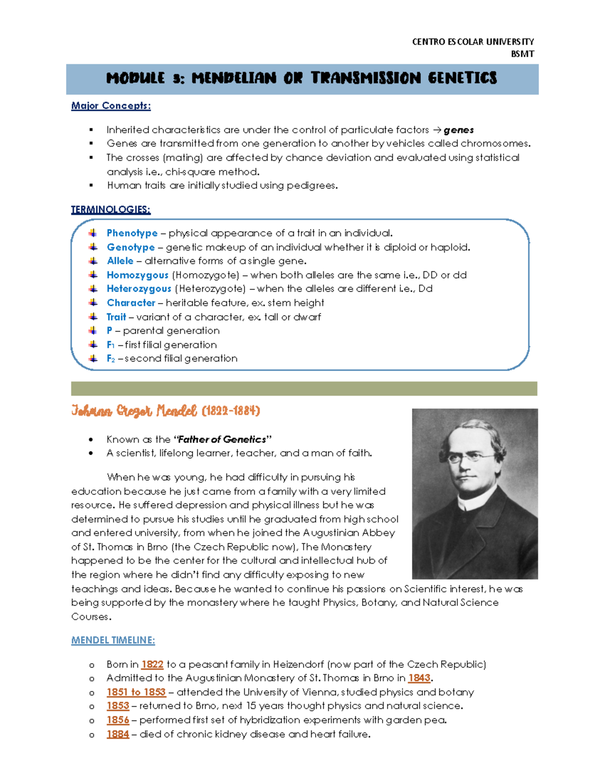 Module 3 (Mendelian Genetics) - BSMT MODULE 3 : MENDELIAN OR ...