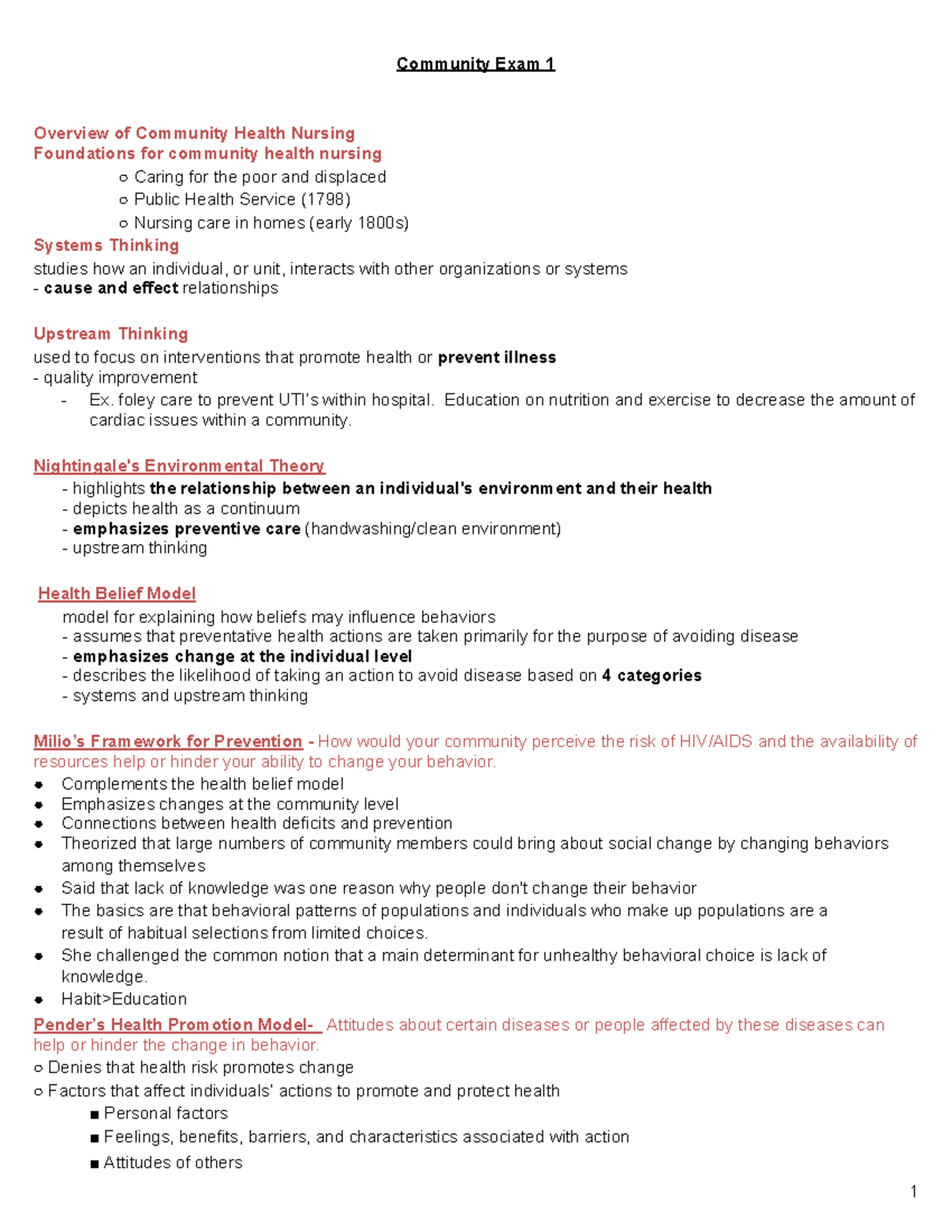Community Health Nursing Exam 1 Overview and Key Theories - Studocu