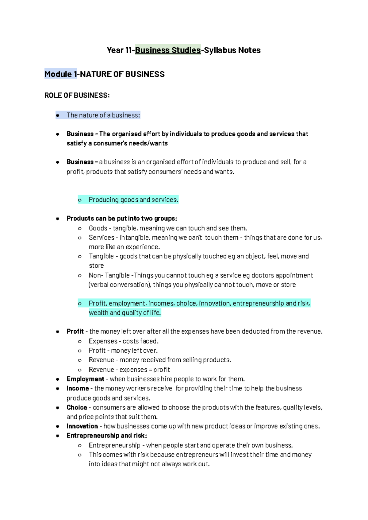 Business Studies Syllabus Notes: Year 11-12 Overview - Studocu