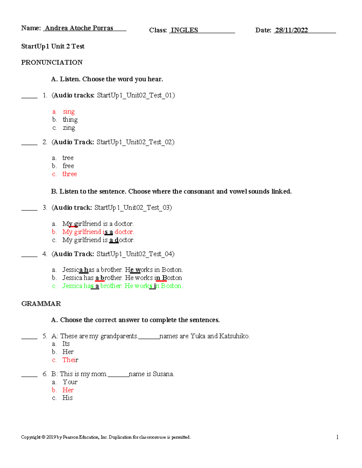 624831024 Start Up 1 Unit 2 Review Test A - Pronunciation & Grammar ...