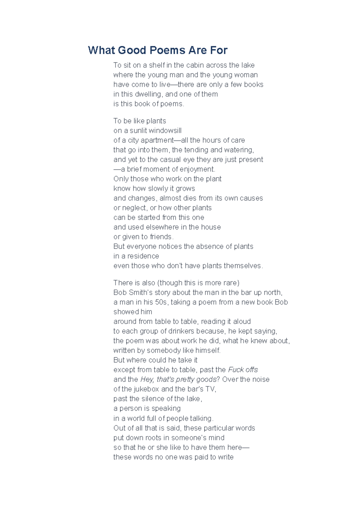 What Good Poems Are For - Intro to Poetry - ENG212 - Studocu