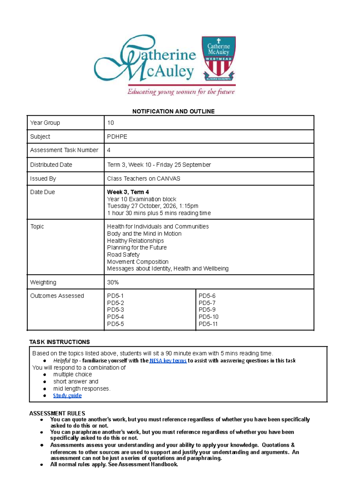 Year 10 PDHPE Assessment Task 4 Notification and Outline - Studocu