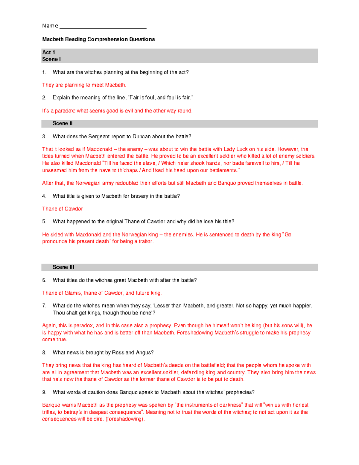 Macbeth (ENG 101) Reading Comprehension Questions Key: Act 1 Insights ...