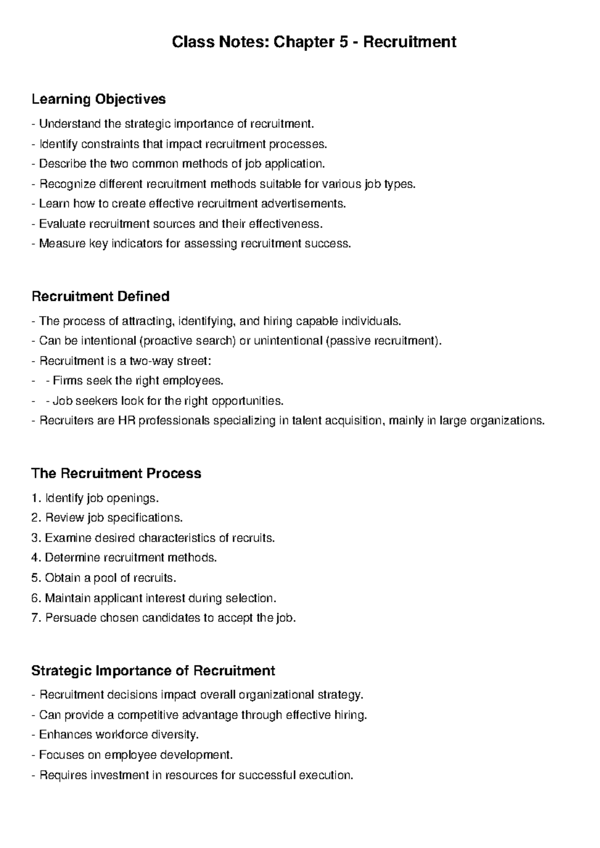 Class Notes Recruitment - Class Notes: Chapter 5 - Recruitment Learning ...