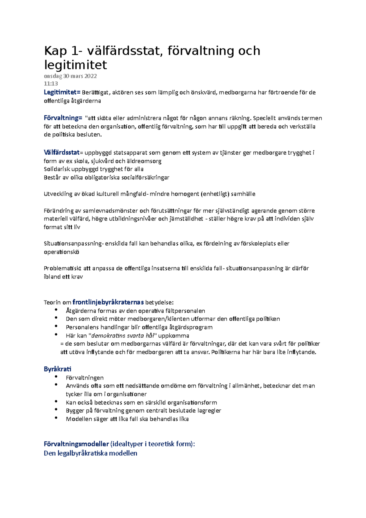 Kap 1: Välfärdsstat, Förvaltning & Legitimitet - Sammanfattning - Studocu
