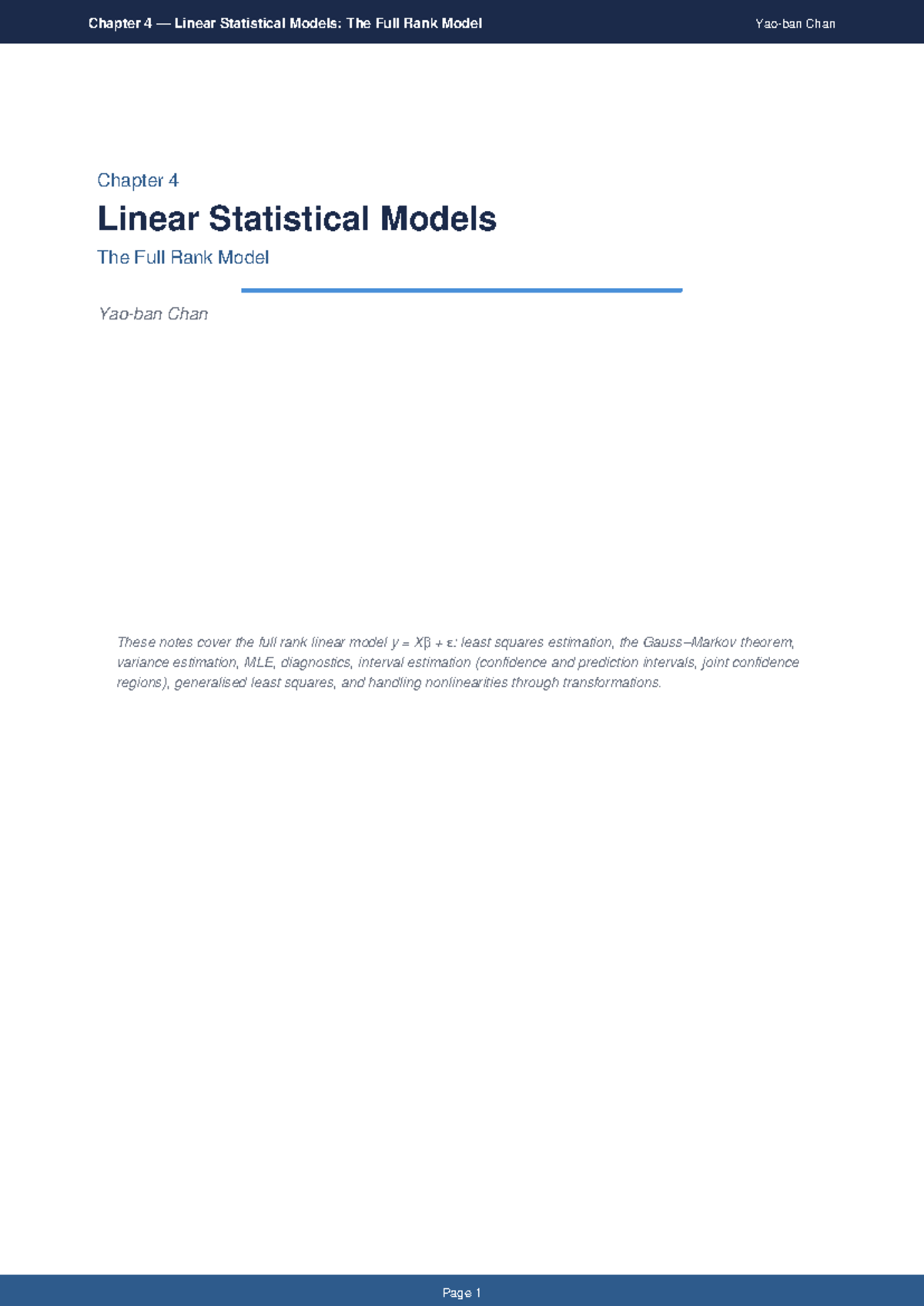 Ch04 Linear Statistical Models: Full Rank Model Notes - Studocu