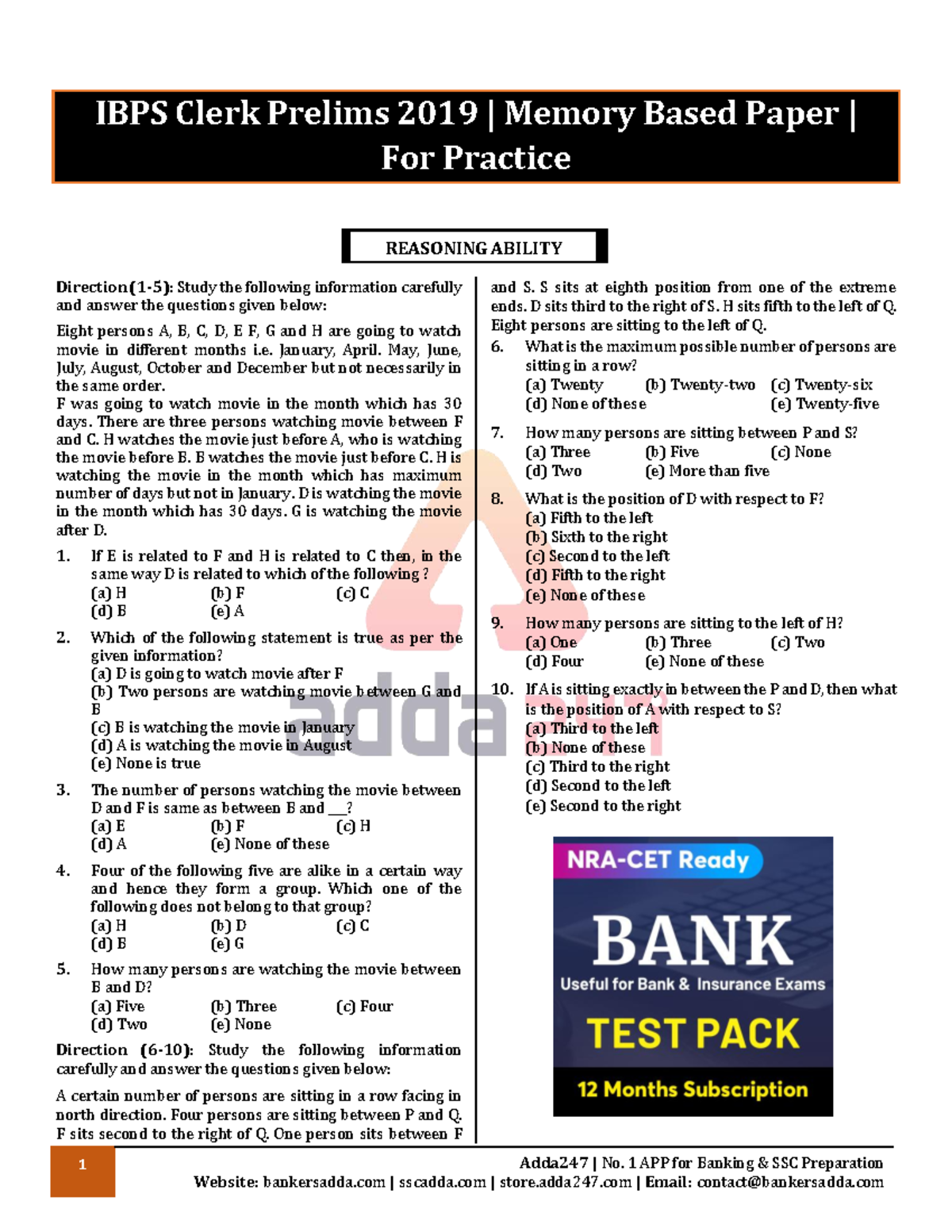 IBPS Clerk Prelims 2019: Memory-Based Practice Paper - Studocu