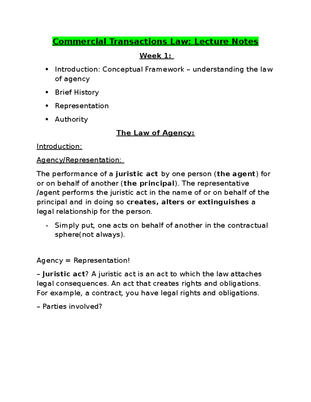 Commercial Transactions Law: Lecture Notes Week 1 - Agency Concepts and ...