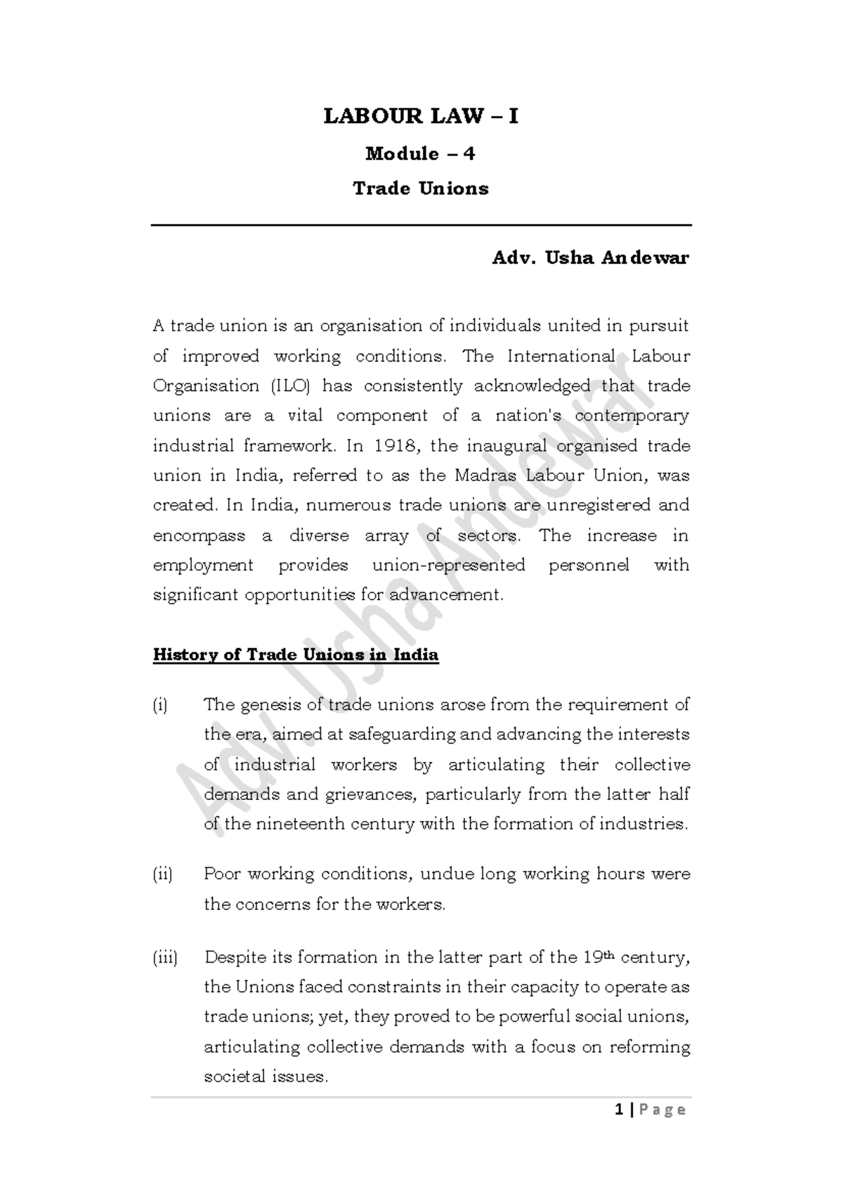 Labour Law I: Module 4 - Trade Unions Overview and History - Studocu