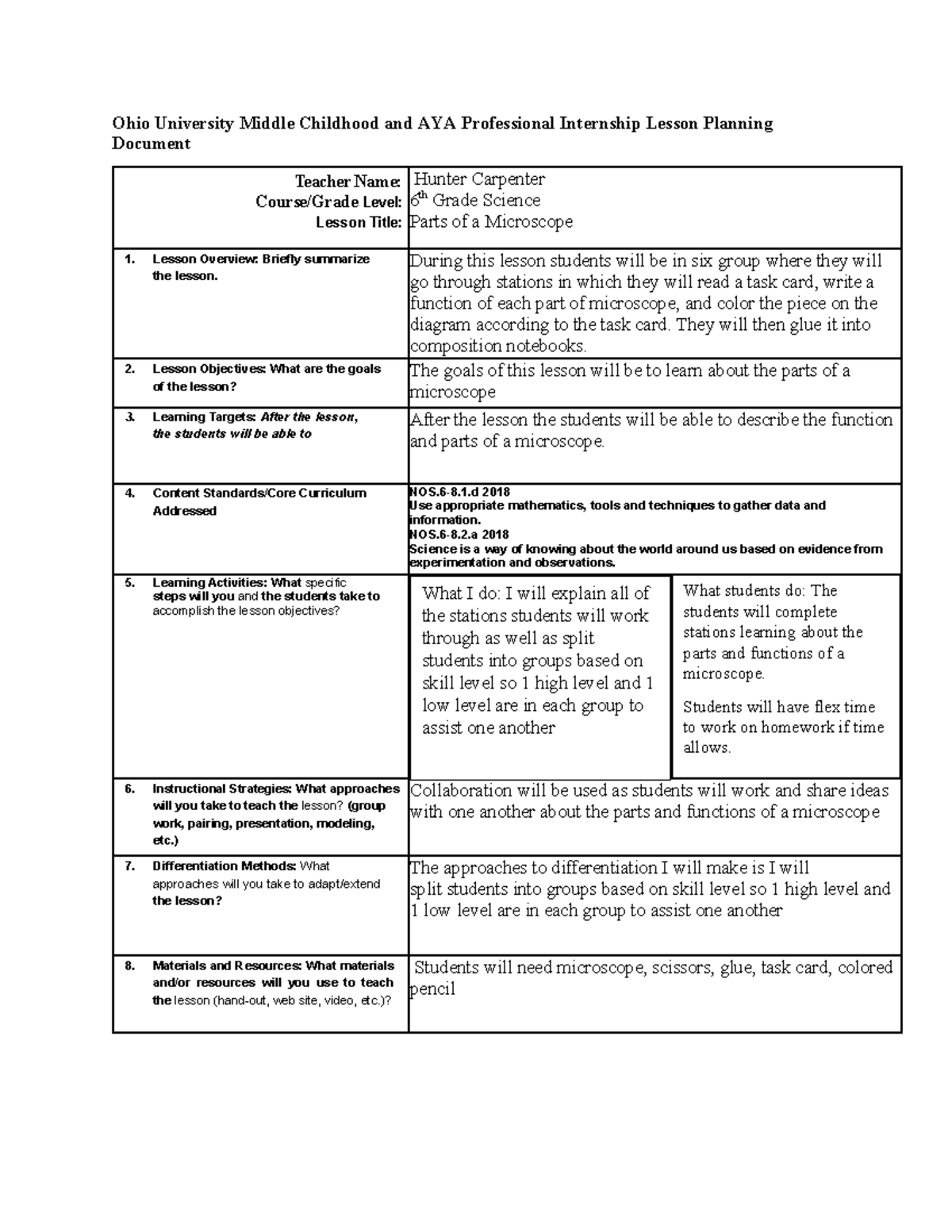 Ohio University AYA Internship Lesson Plan: Parts of a Microscope - Studocu