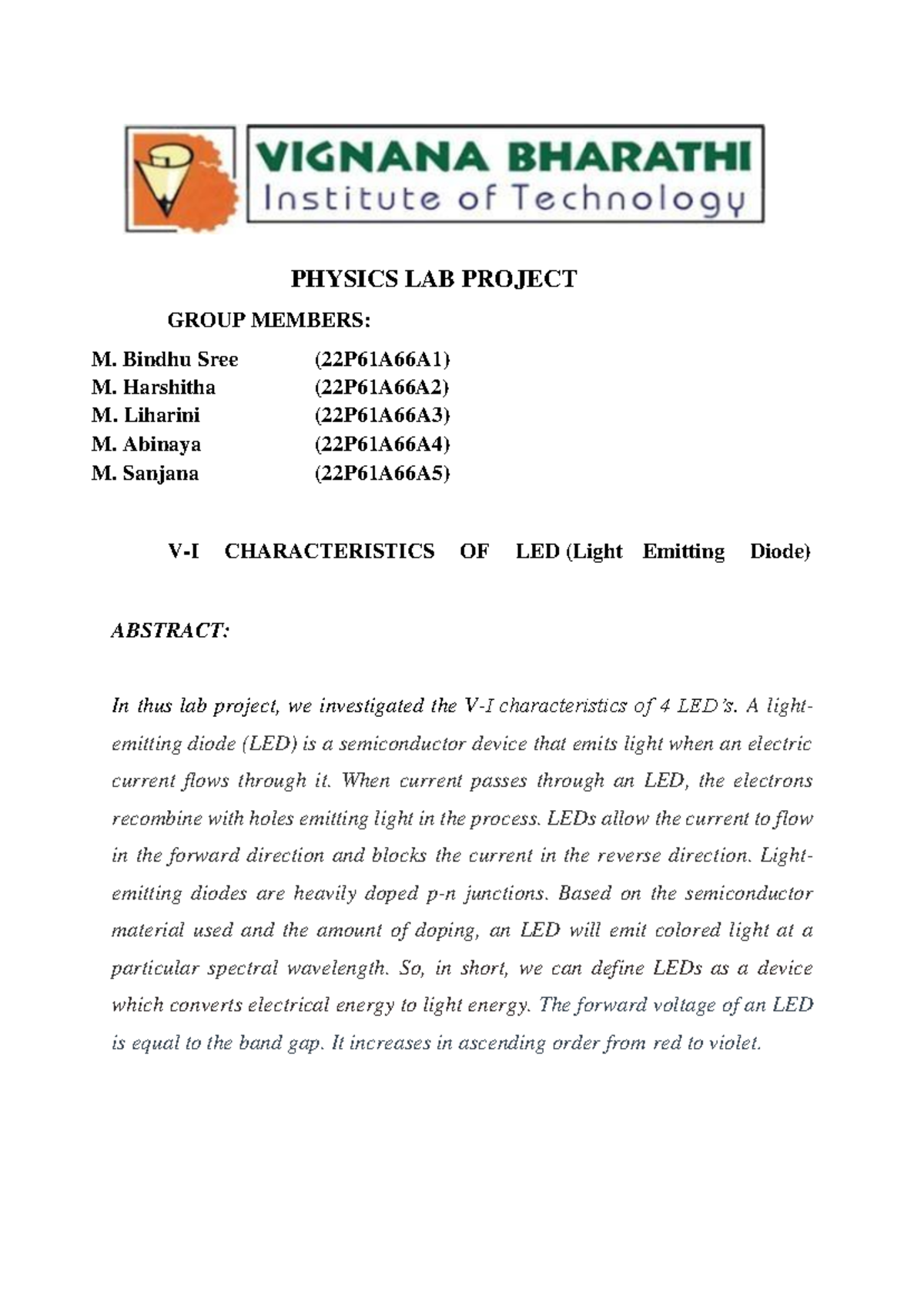 PHYS 22P61A66 Lab Project: V-I Characteristics of LEDs - Studocu