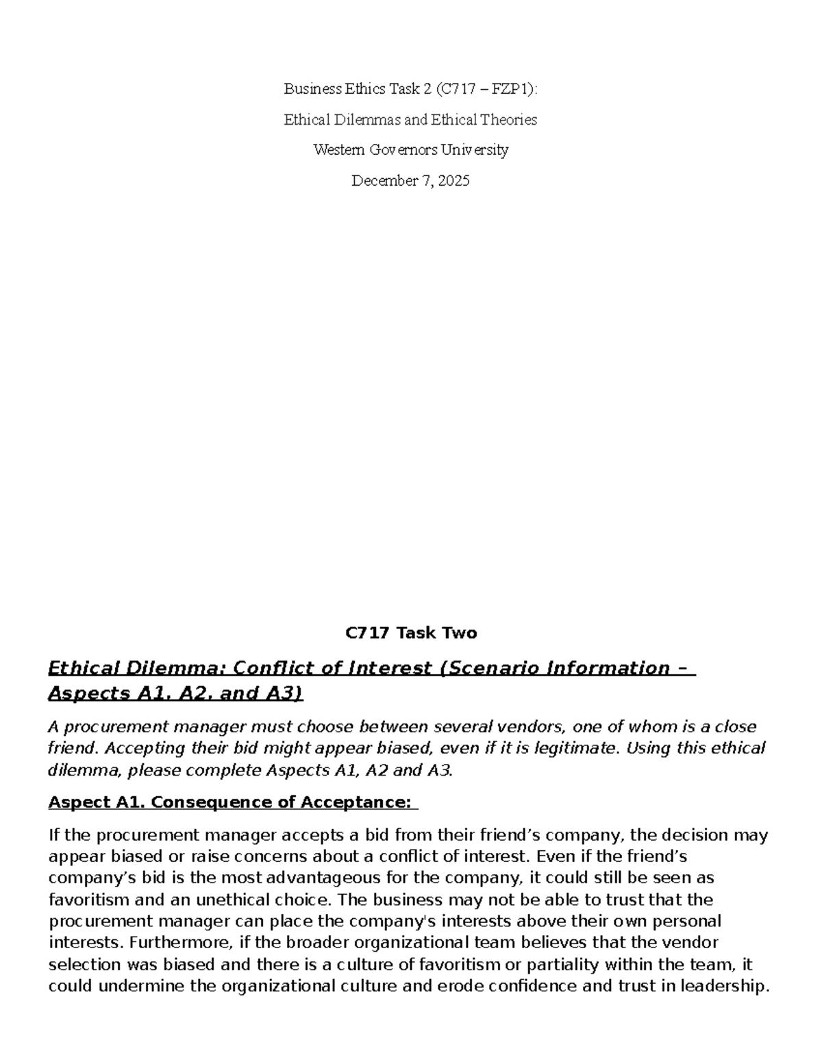 C717 FZP1: Ethical Dilemmas & Theories in Business Ethics Task 2 - Studocu
