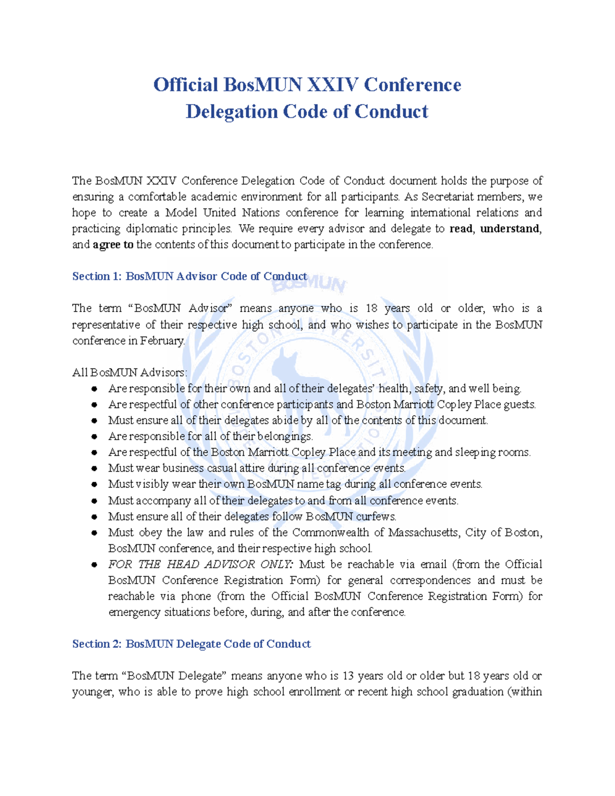 BosMUN XXIV conference delegation code of conduct guidelines - Studocu