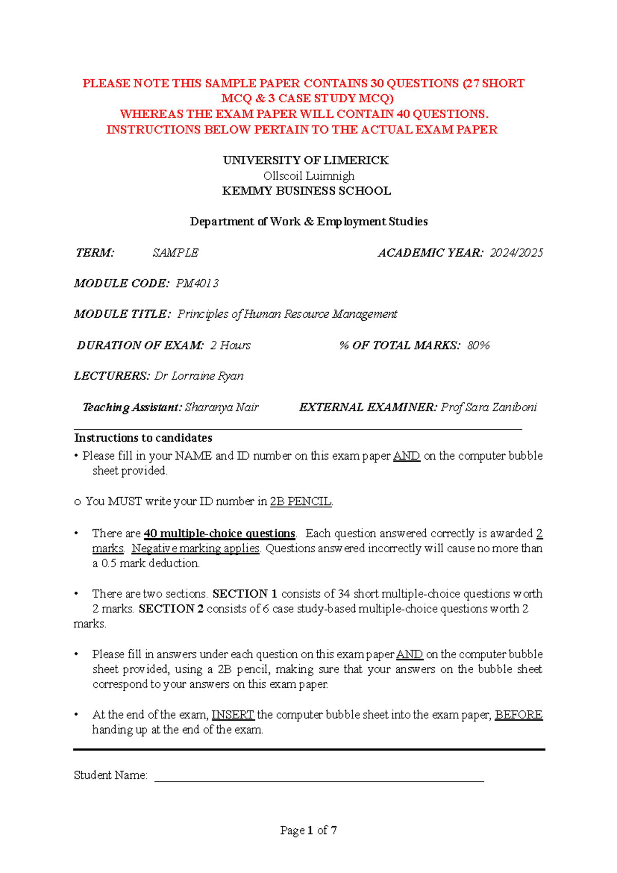 PM 2024 Sample Exam Paper - Principles of Human Resource Management ...