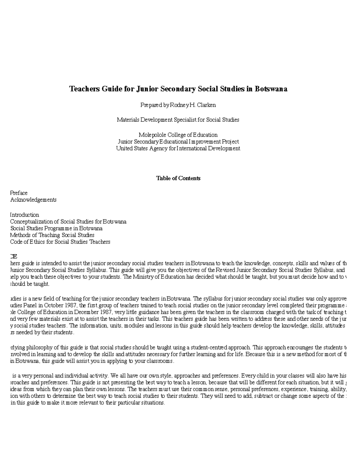 Teachers guide for conceptualization of junior secondary social studies ...