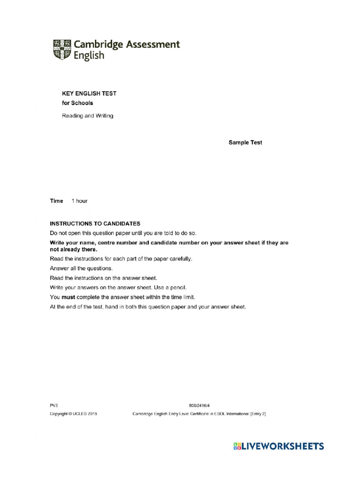 KET English Test Preparation - Sample Reading & Writing Test Guide ...