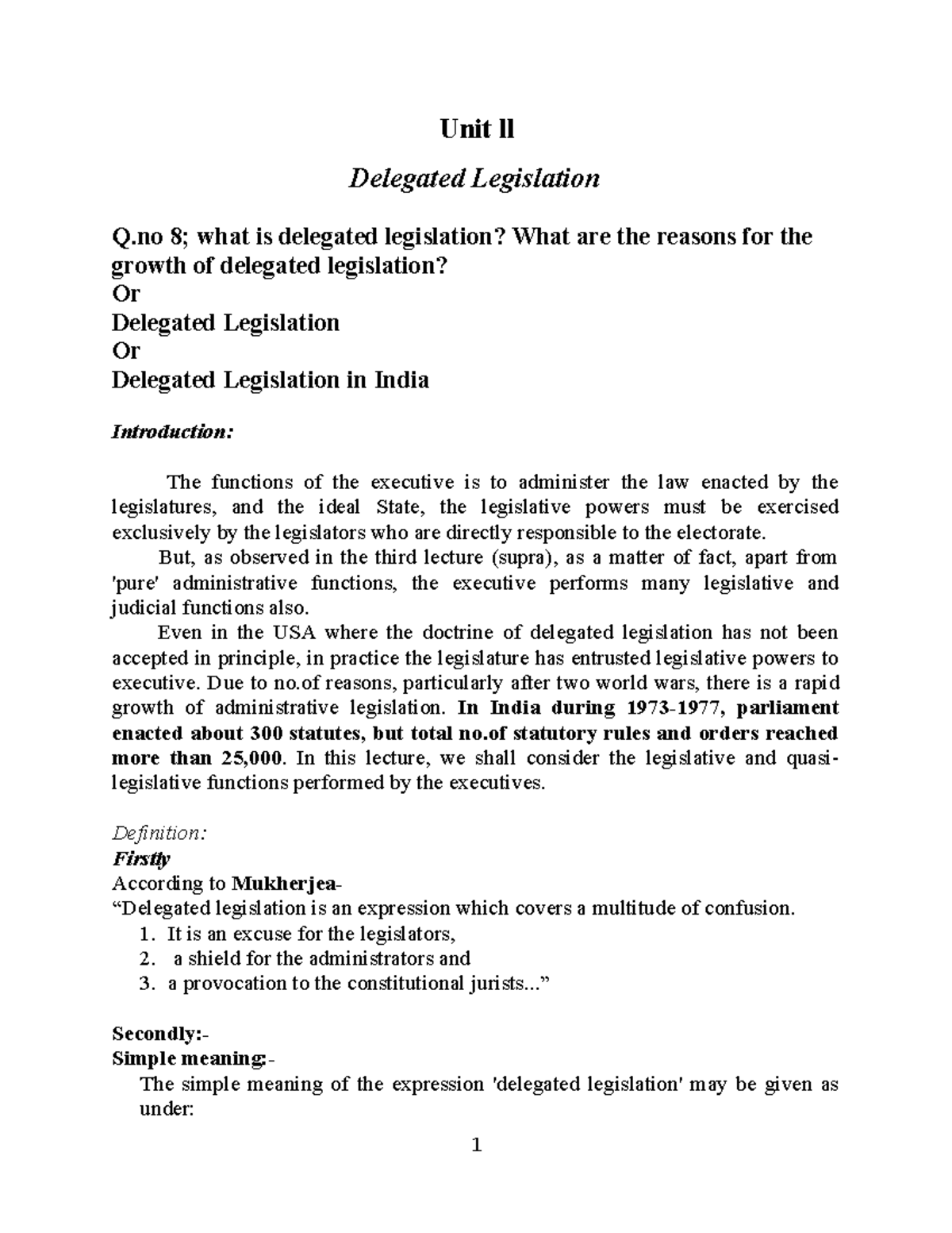 Admin Law Unit 2 - Delegated Legislation Lecture Notes - Studocu