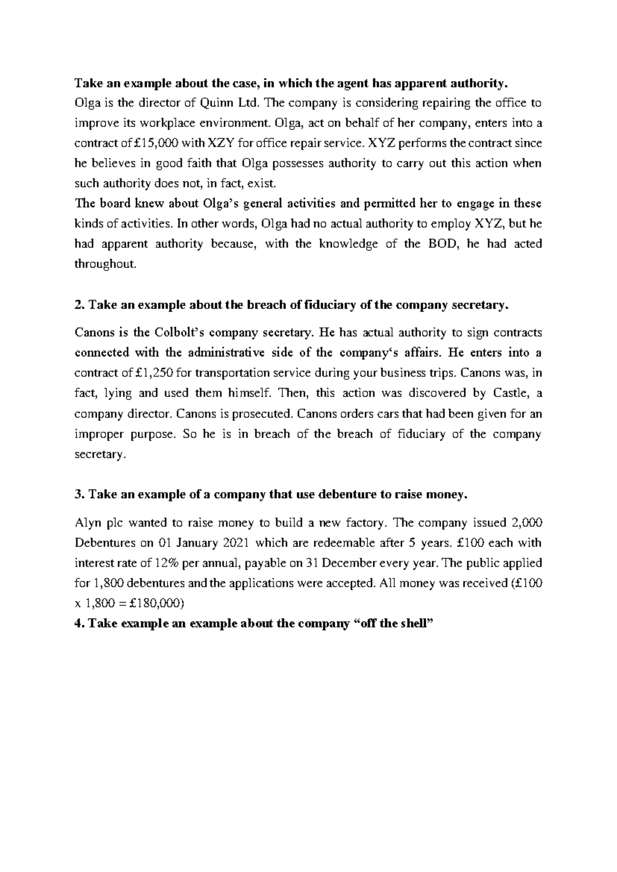 Examples of Apparent Authority, Breach of Fiduciary Duty & Debentures ...