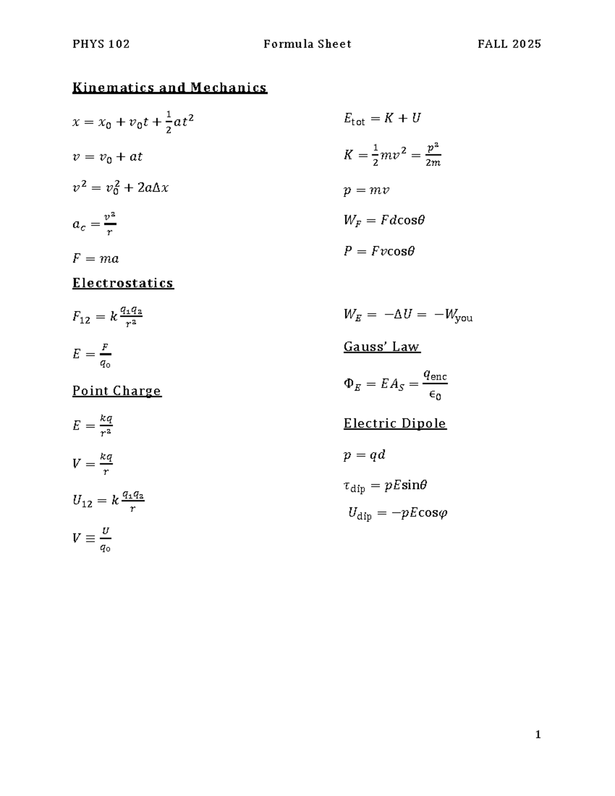 PHYS 102 Formula Sheet - Kinematics, Mechanics & More (FALL 2025) - Studocu