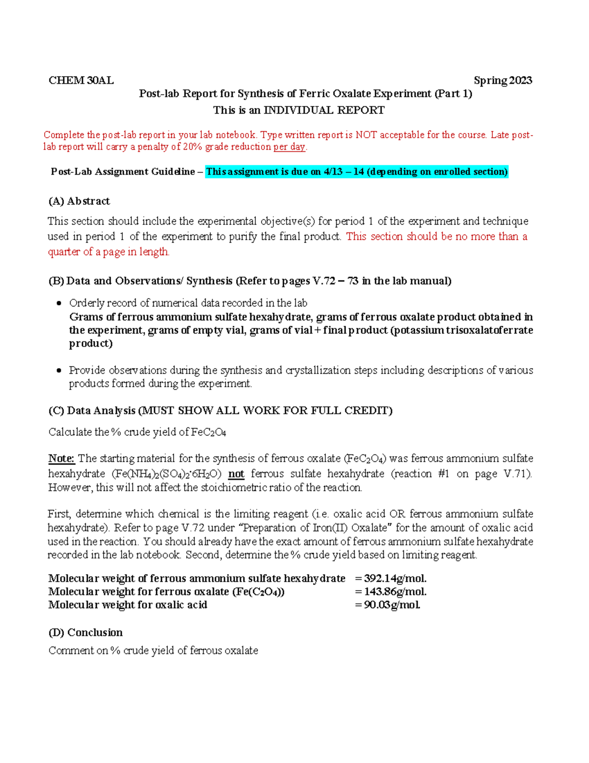 Iron report 1 postlab S2023 - CHEM 30AL Spring 2023 Post-lab Report for ...