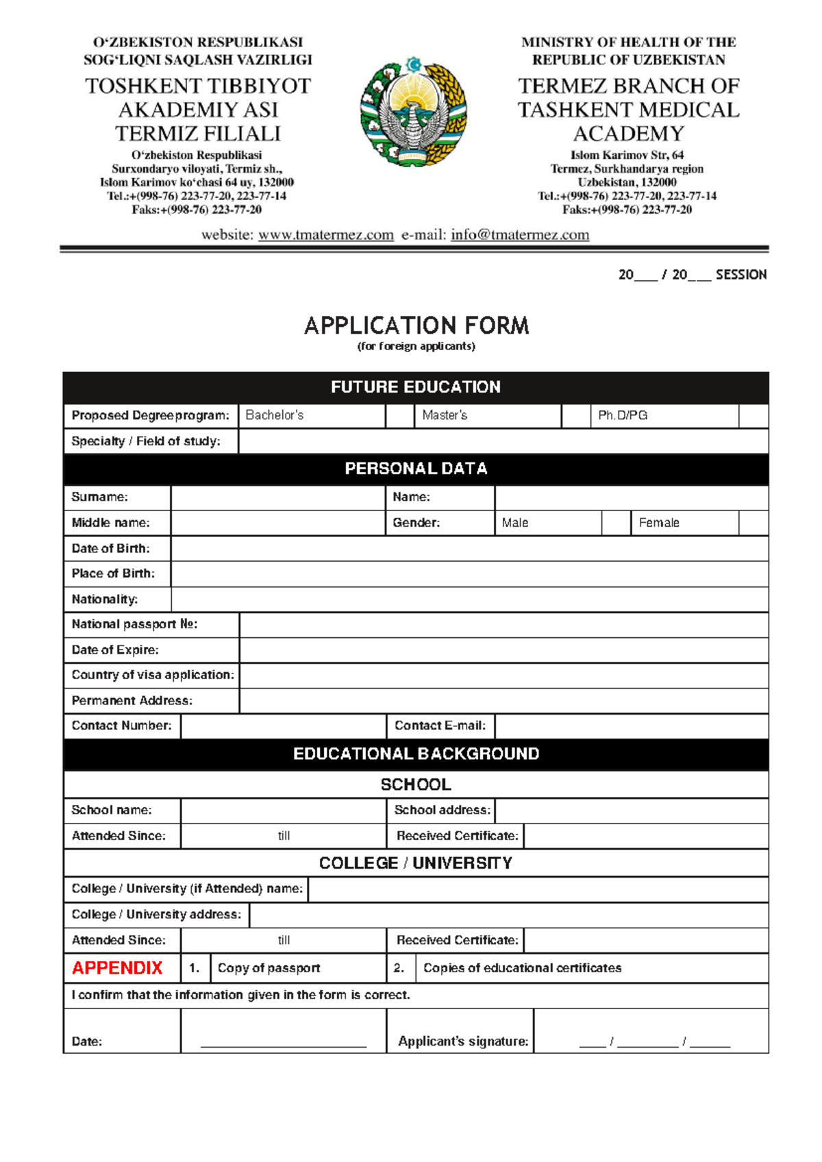 Application form TMA - Form - 20___ / 20___ SESSION APPLICATION FORM ...