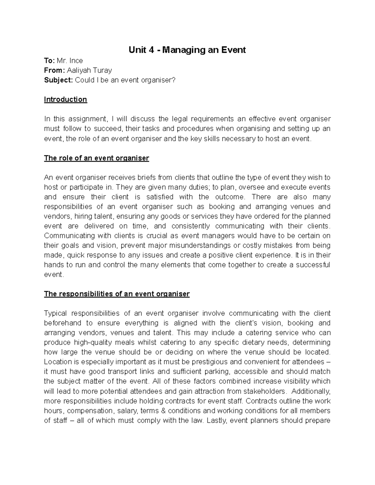 Unit 4 Assignment 1: Event Organiser Skills & Responsibilities - BTEC ...
