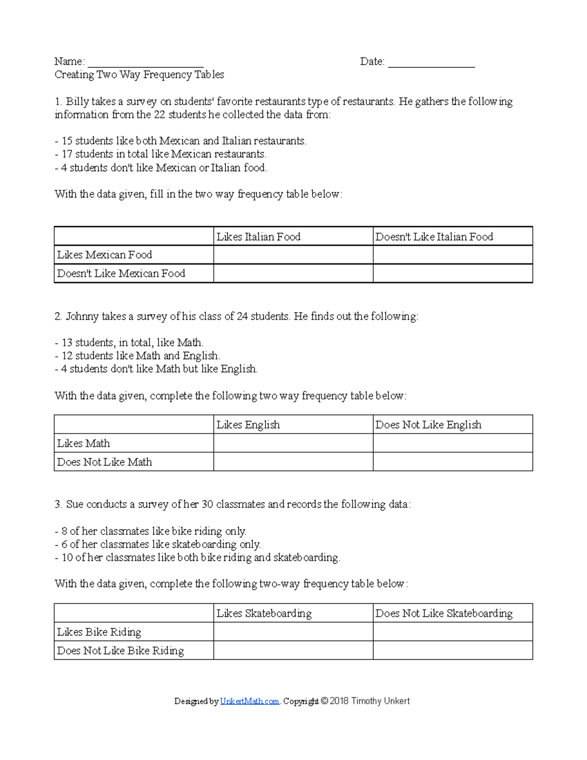 Freetwo Way Frequency Tables Worksheet Hsscpa 4-1 - Name ...