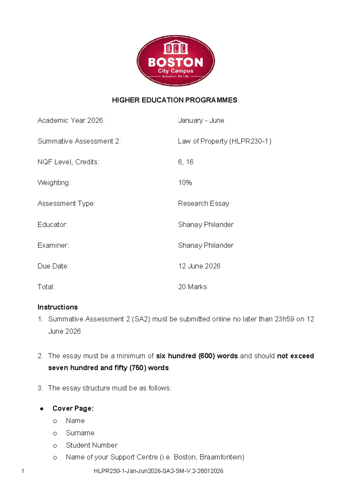 HACL 230-1 Jan-Jun 2026: Research Essay on Law of Property - Studocu