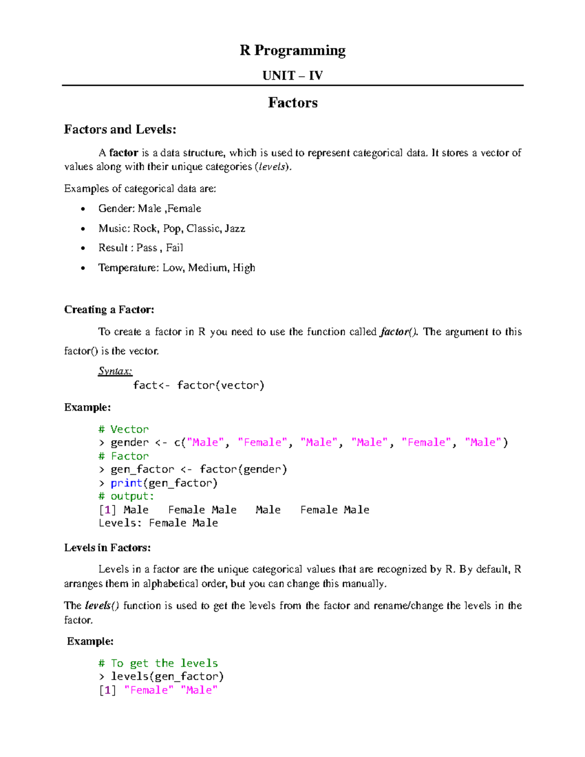 R Programming UNIT IV - Factors and Levels: Comprehensive Notes - Studocu