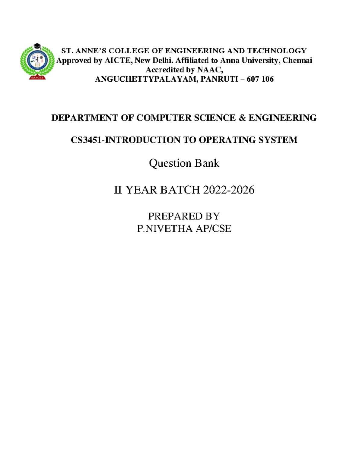 CS3451 - Question Bank for Introduction to Operating Systems - Studocu