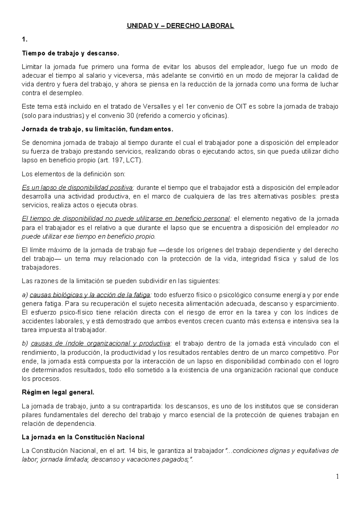 Unidad 5 - Derecho Laboral: Tiempo de Trabajo y Descanso - Studocu