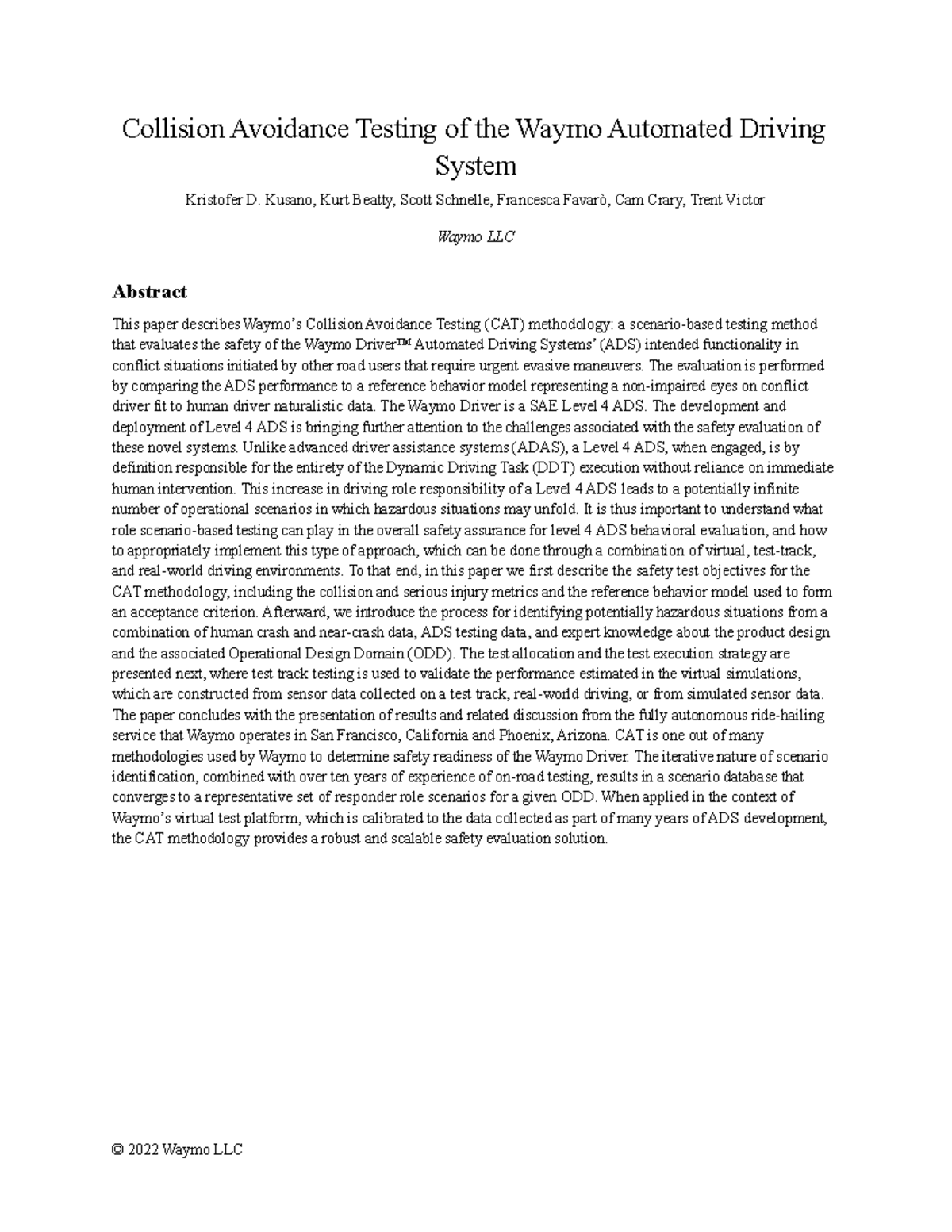 Collision Avoidance Testing Methodology for Waymo ADS (2022) - Studocu