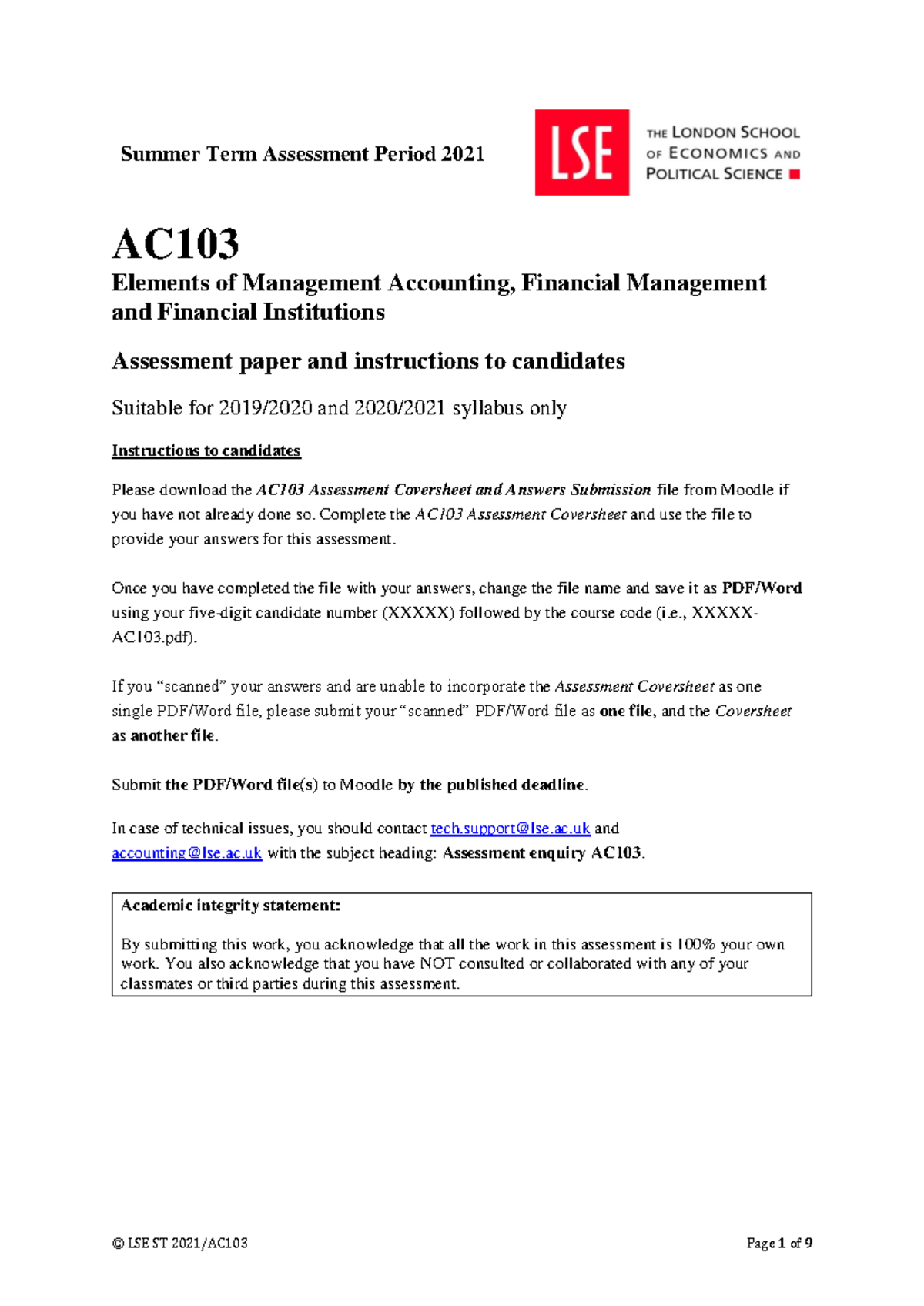 AC103 Summer Term 2021 Management Accounting Assessment Paper - Studocu