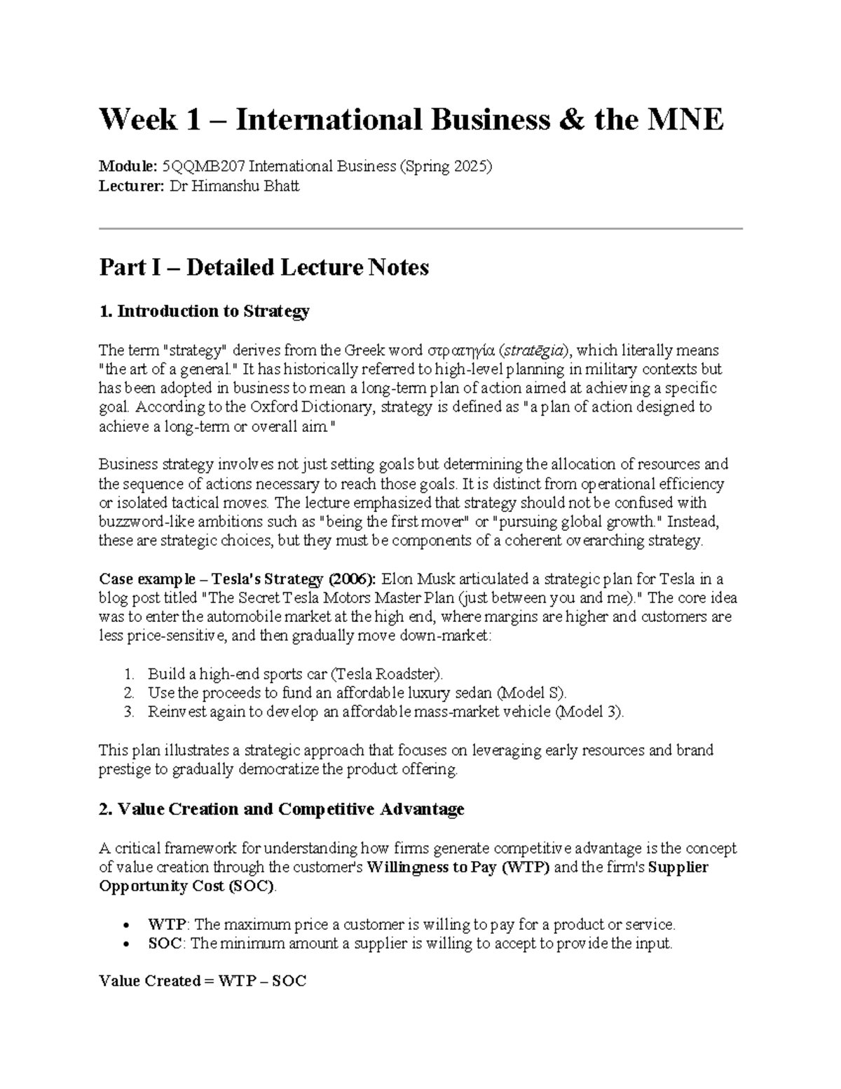 Week 1 Lecture Notes: International Business & MNE Concepts 5QQMB207 ...
