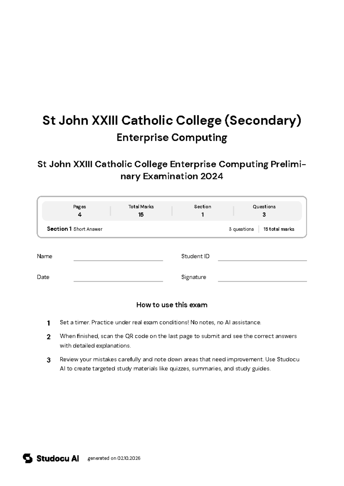 St John XXIII Catholic College Enterprise Computing Exam 2024 - Studocu