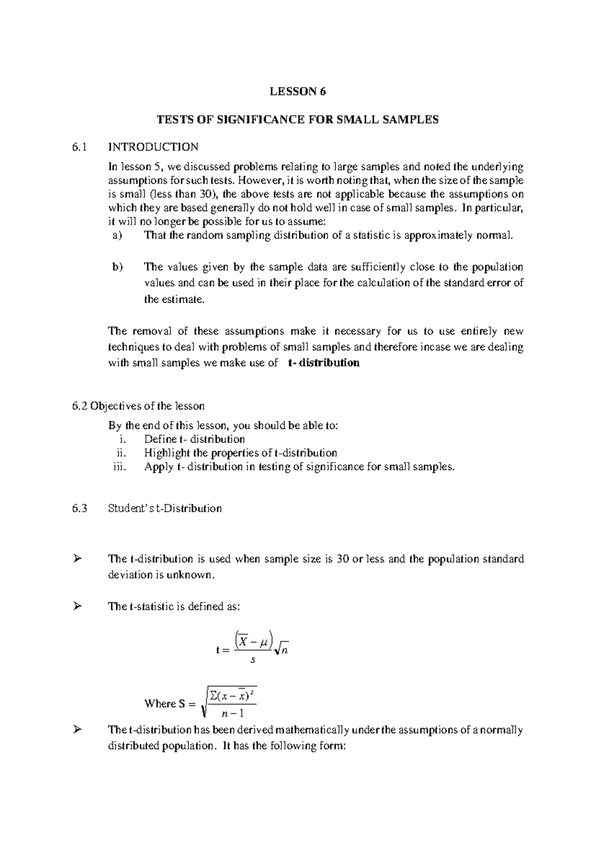 Lesson 6: Tests of Significance for Small Samples - Studocu