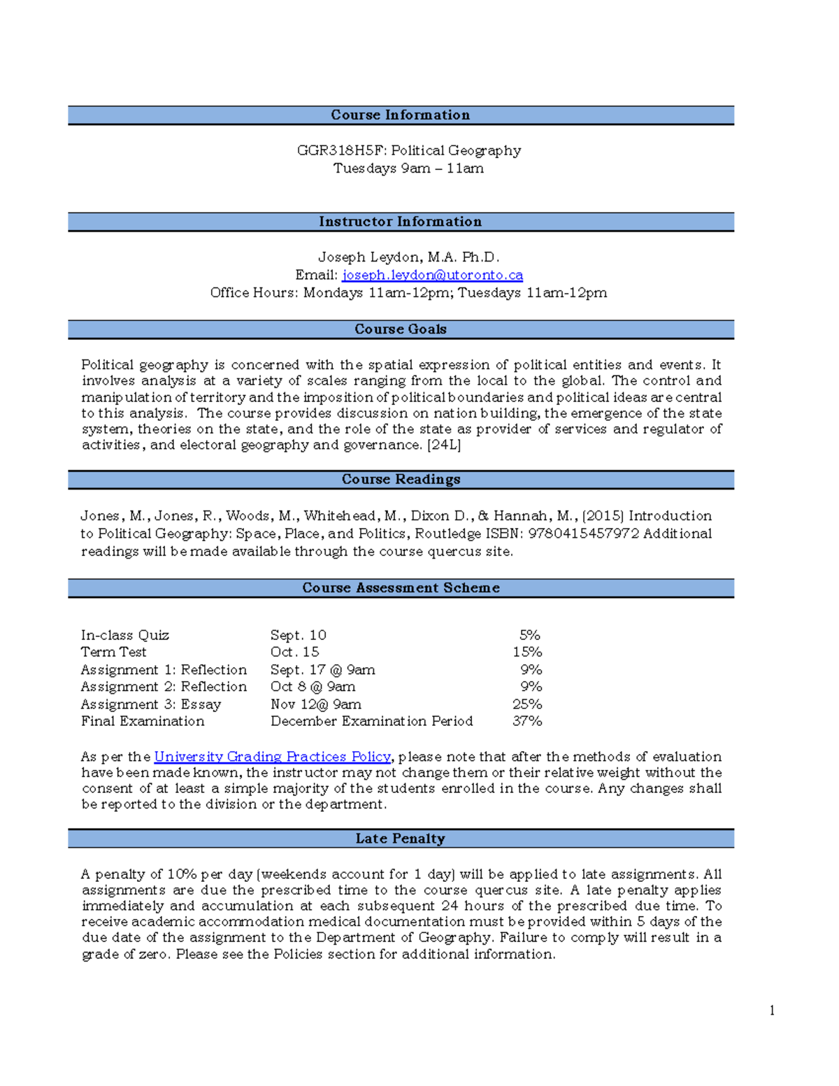 GGR318H5F: Political Geography Course Overview and Assessment Details ...