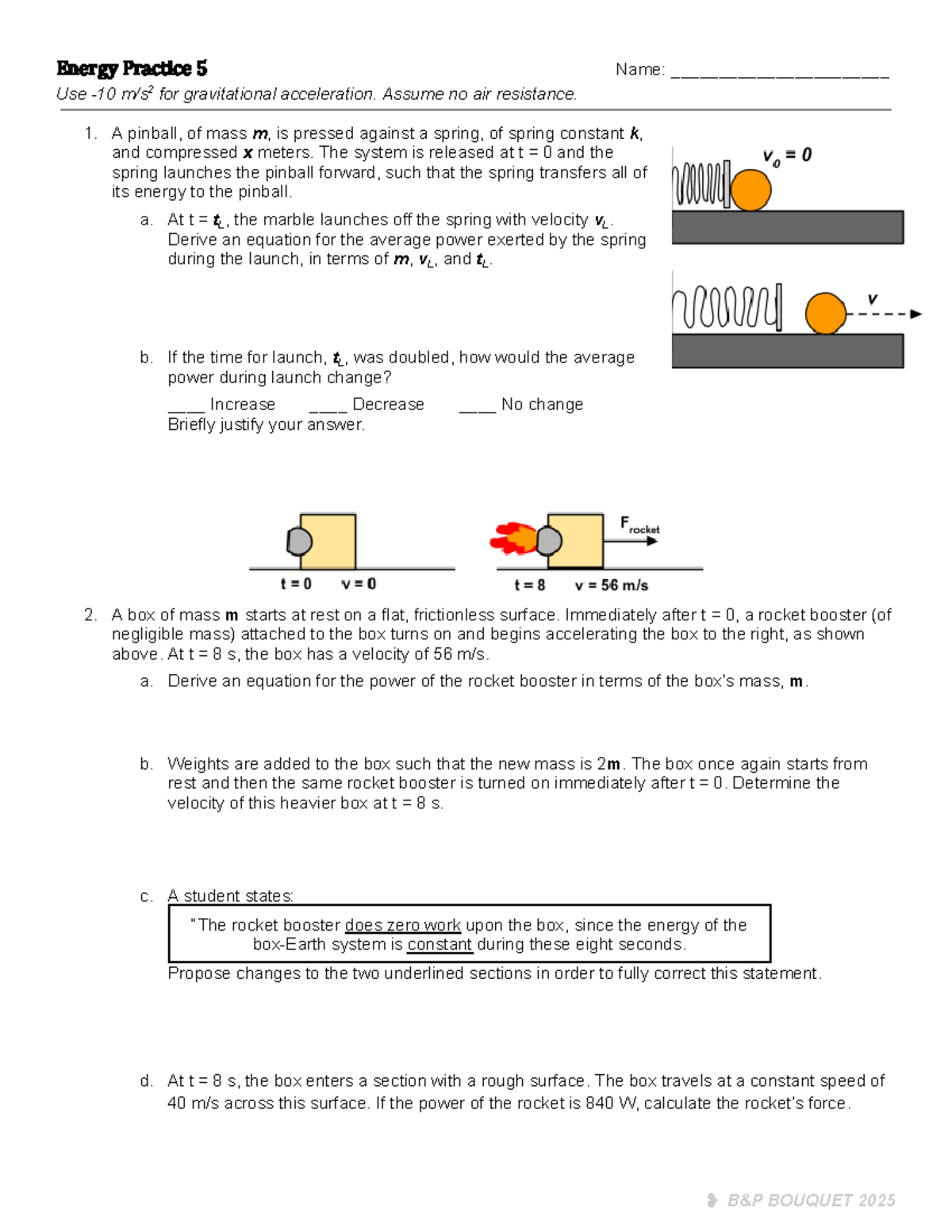 Energy Practice 5: Gravitational Acceleration & Power Analysis BOUQUET ...