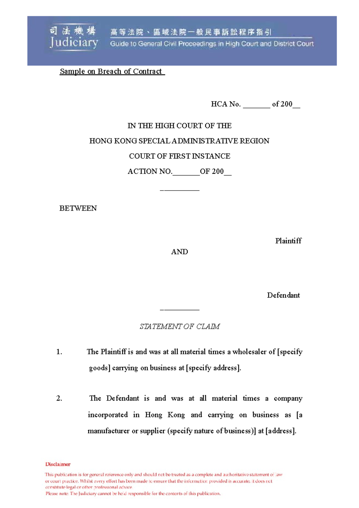1 Sample On Breach Of Contract clean 19032009 - Sample on Breach of ...