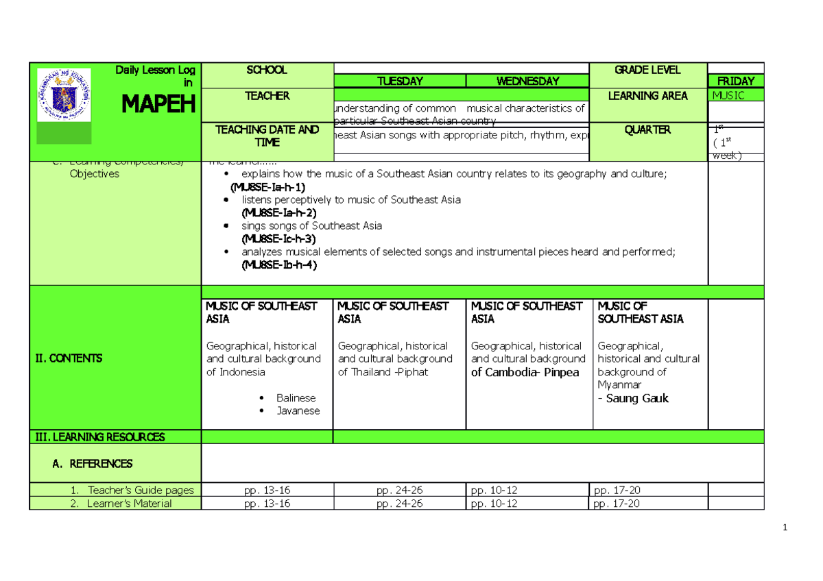Grade 8 Music DLL Q1: Exploring Southeast Asian Music Week 1 - Studocu