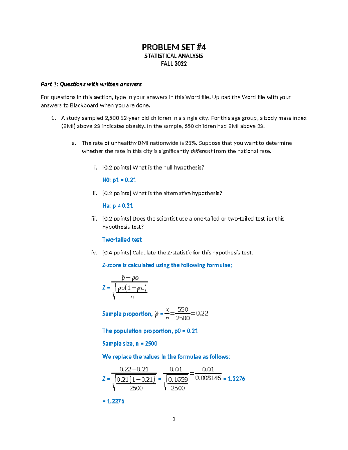 Problem Set 4: Statistical Analysis Questions - Fall 2022 - Studocu