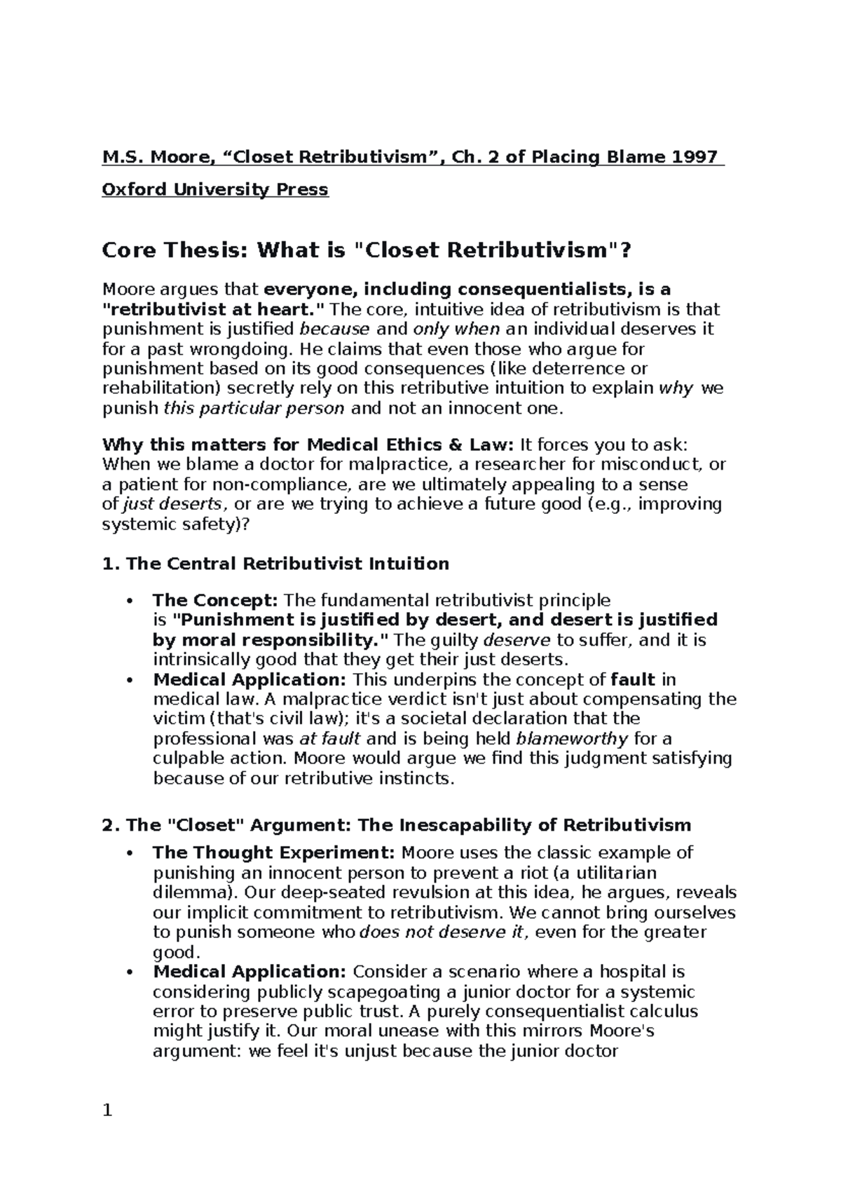 M.S. Moore, Ch. 2 of Placing Blame: Understanding Retributivism in ...