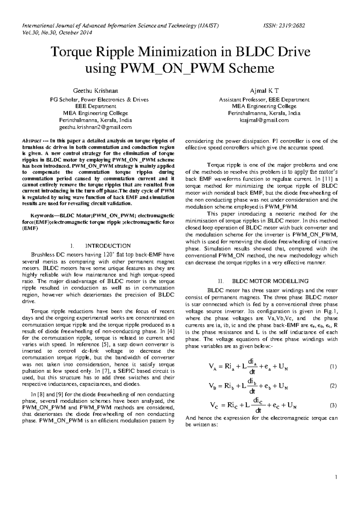 Torque Ripple Minimization in BLDC Drive - Vol, No, October 2014 Torque ...
