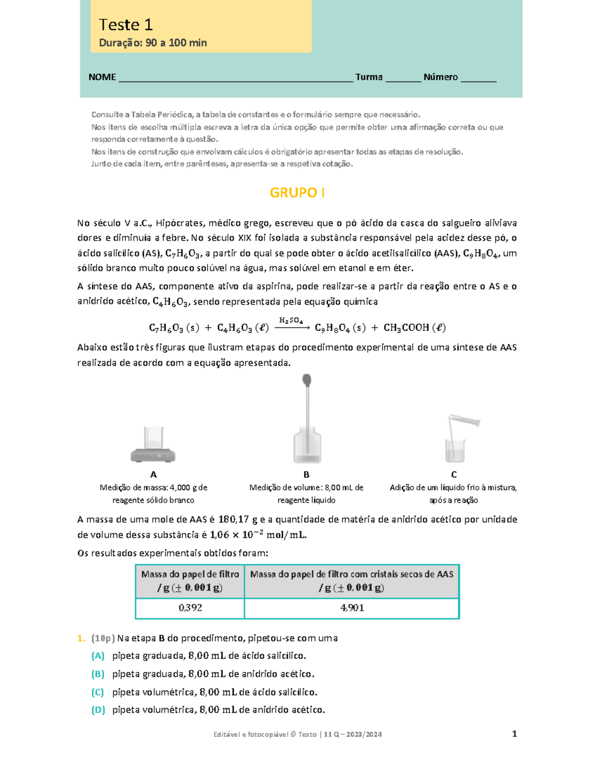 Teste 1 de Química - 11Q - Síntese do Ácido Acetilsalicílico - Studocu