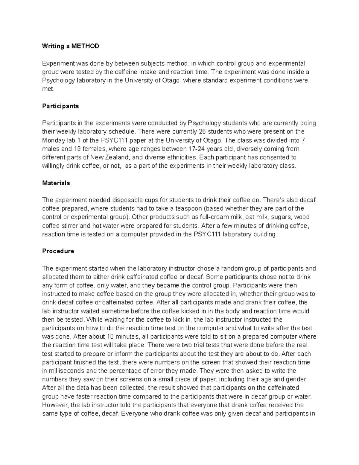 PSYC111 Assignment 1 - Caffeine Effect on Reaction Time Method - Studocu