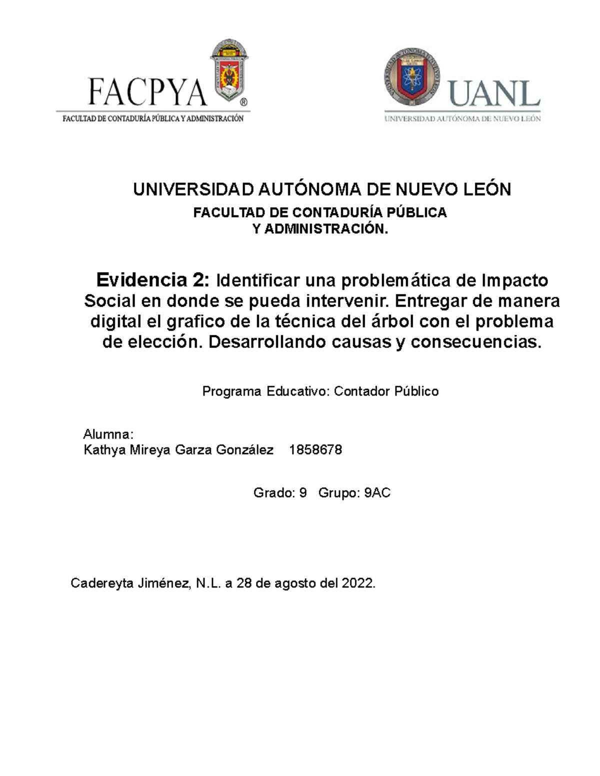 Ev2 SS KMGG - Evidencia 2 del servicio social - Cadereyta Jiménez, N. a ...